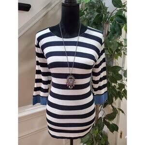 Lemite Women's White & Blue Striped Polyester Round Neck Long Sleeve Blouse L